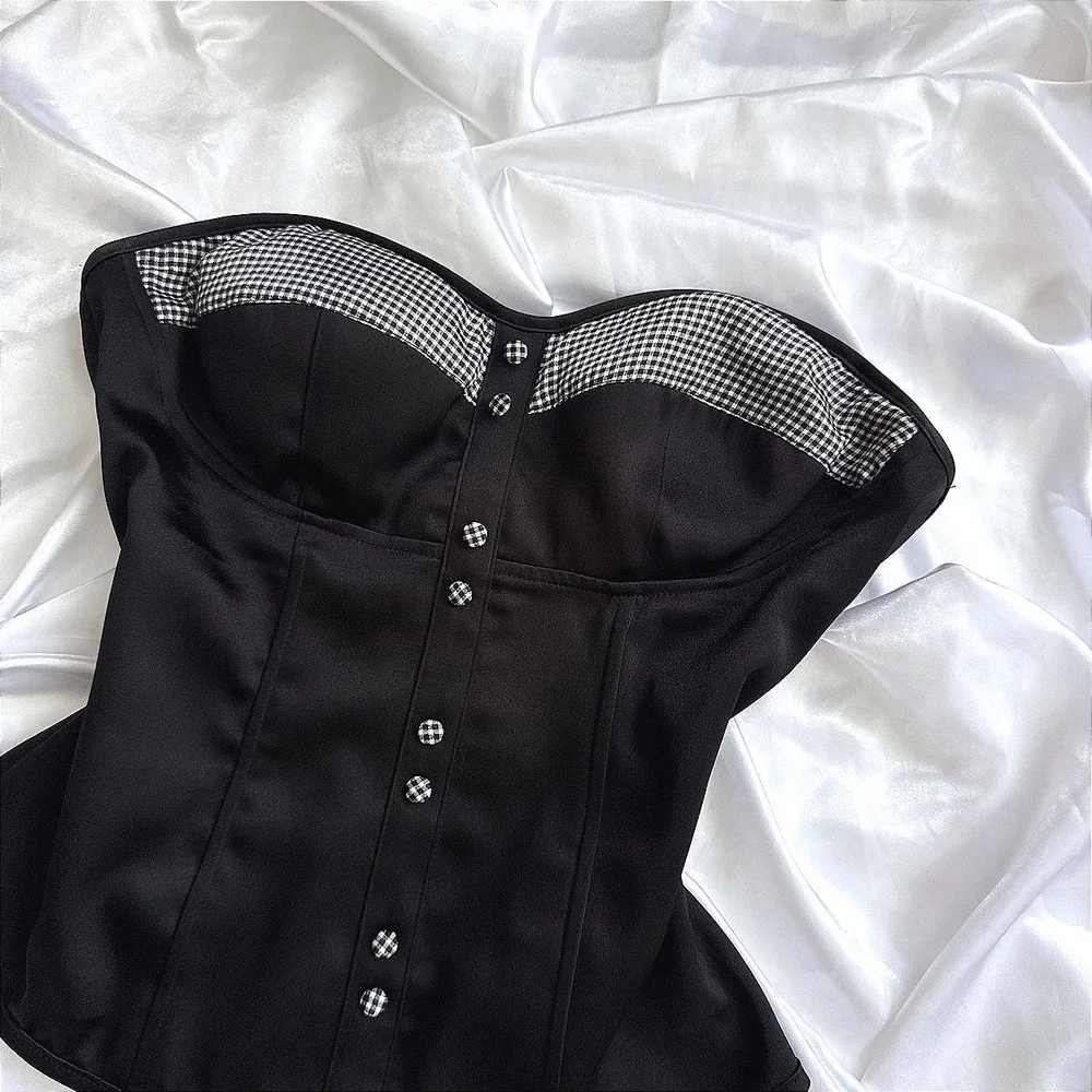 Charlotte Russe Black Gingham Corset Top Strapless Sweetheart Bustier Large